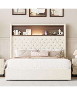 Full Size Velvet Tufted Soft Bed Frame with USB Port and Night Light