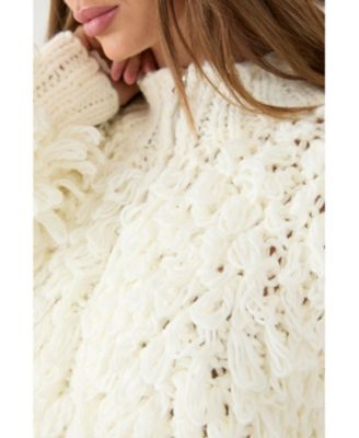 Women's Zip Up Cream Fringe Loop Cardigan