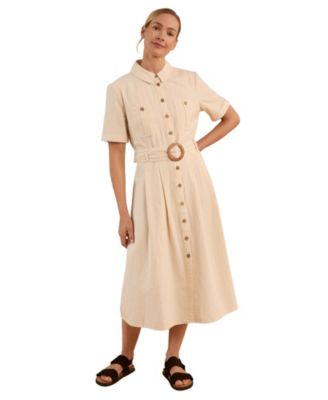 Women's Belted Safari Midi Shirt Dress