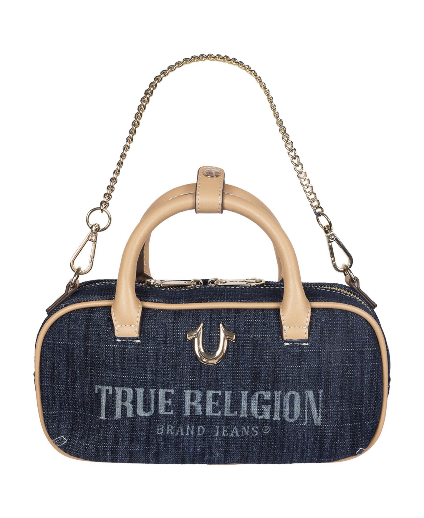 Женская сумка True Religion Bentley Denim and PU Mini Satchel - Top Handle Crossbody Handbag with Chain Detail, цвет: Рыжевато-коричневый — фото 7