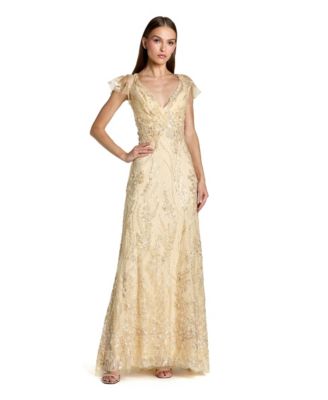 Women's V Neck Flutter Sleeve Embroidered Lace Gown