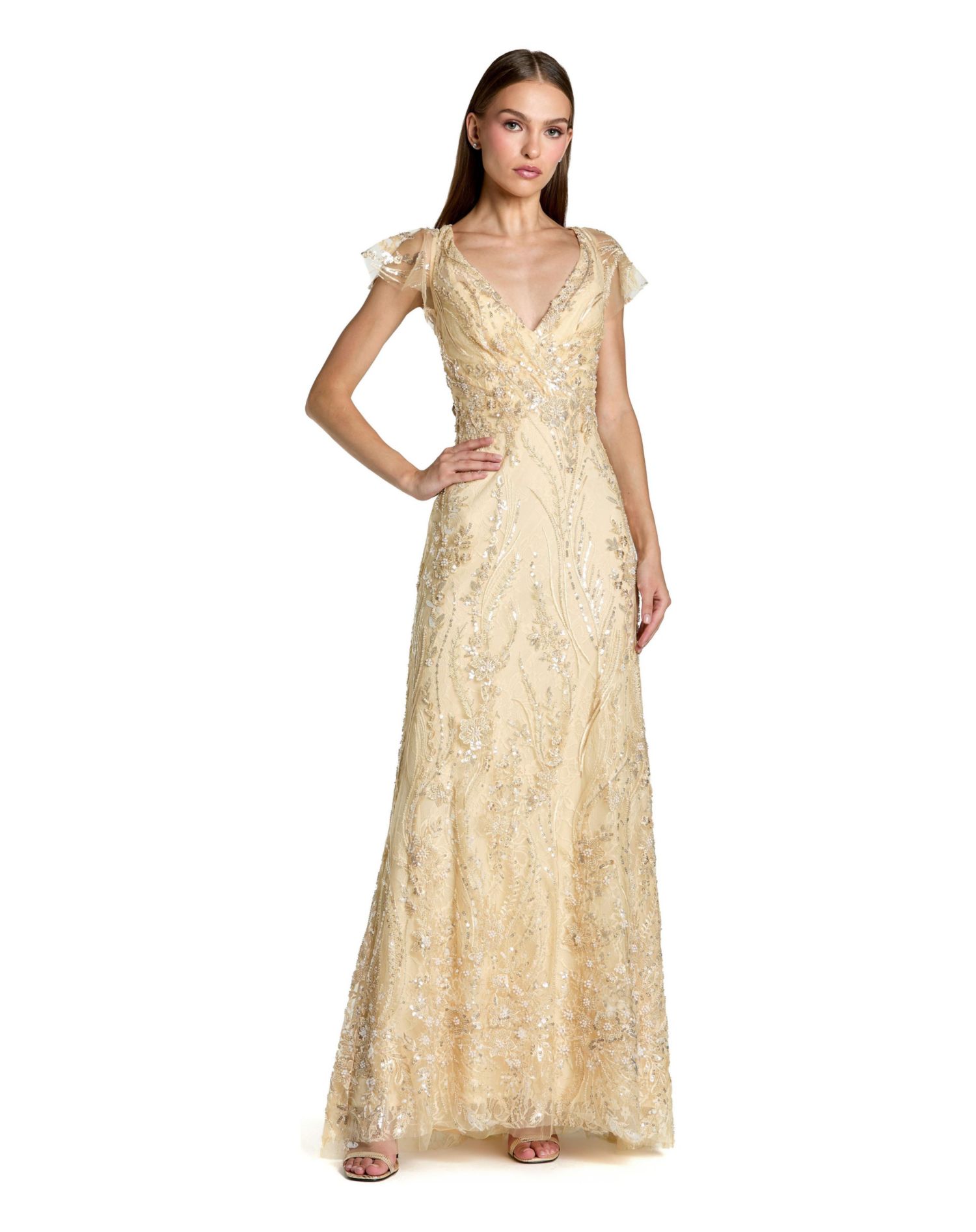 Women's V Neck Flutter Sleeve Embroidered Lace Gown