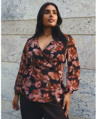 Plus Size Natalia Floral V-Neck Long Sleeve Peplum Top