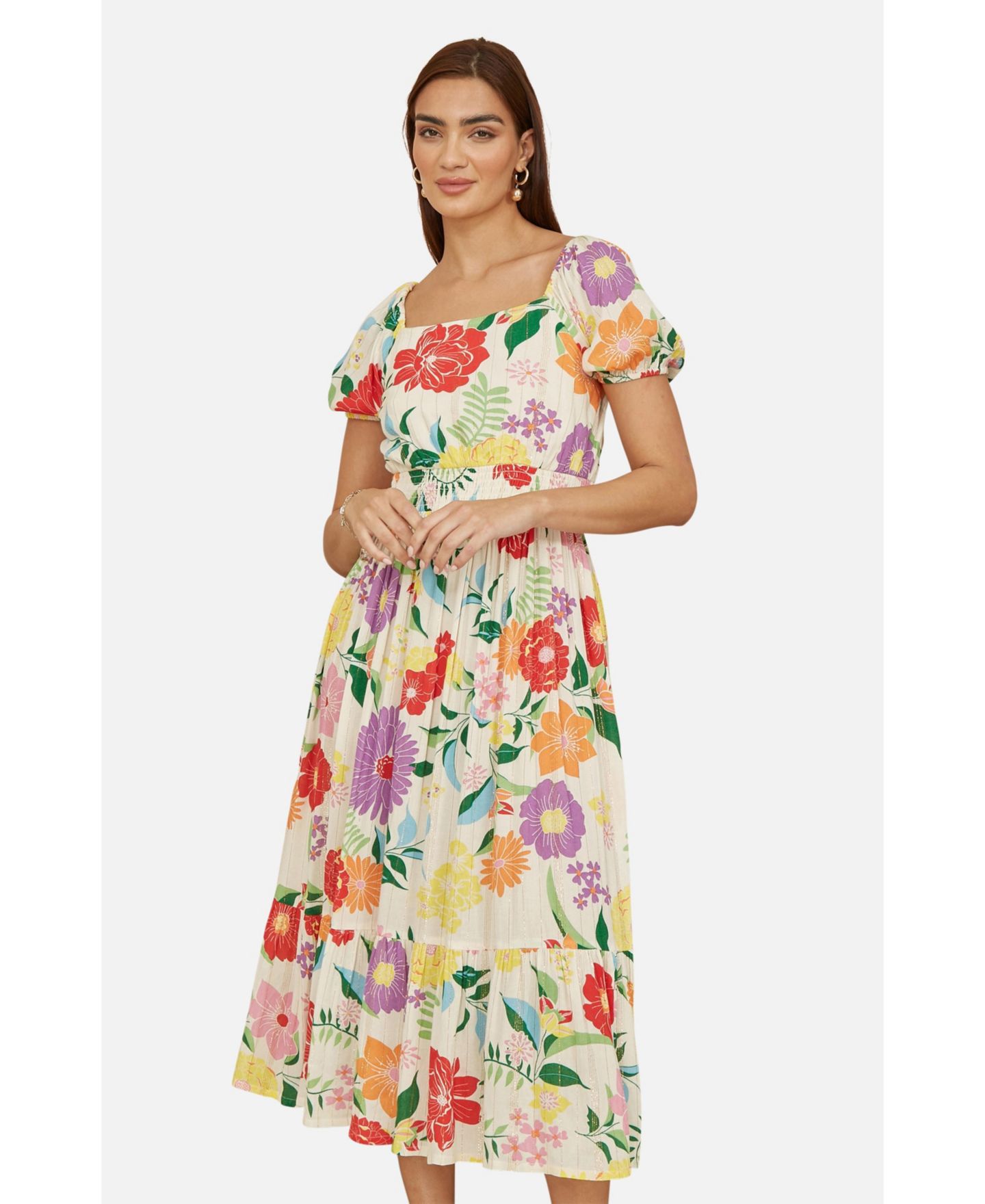 Женское платье Yumi Short Sleeve Square Neck Midi, цвет: Разноцветный — фото 4