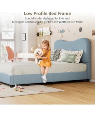 Boucle Bed Frame with Upholstered Headboard, Soft Low Profile Sturdy Platform Bed with Rounded Corners Design
