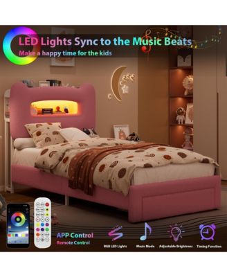 Upholstered Bed Frame with Storage Headboard, LED Lights, Charging Station and Drawer