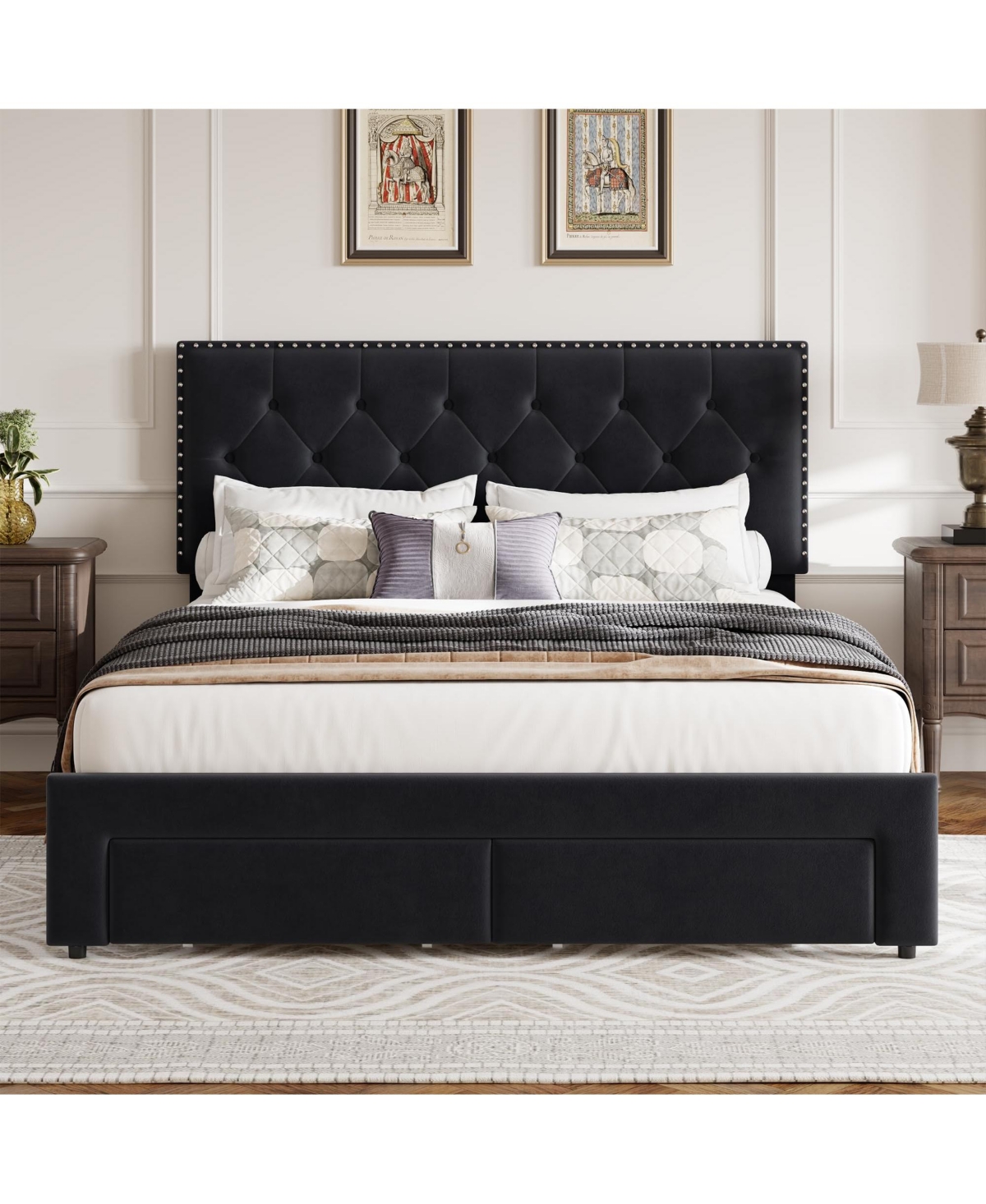 Homfan Upholstered Bed Frame with 2 Storage Drawers
