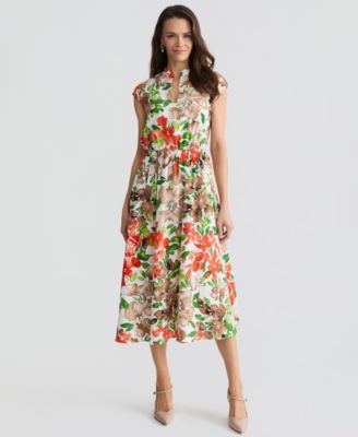 Women's Cap-Sleeve Drawstring Midi Dress