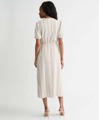 Women's Striped Puff-Sleeve Midi Shirtdress