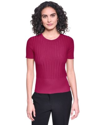 Women's Ribbed Short-Sleeve Crew Neck Sweater