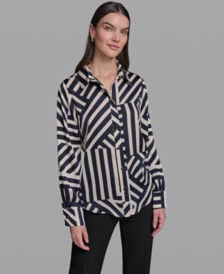 Women's Collared Long-Sleeve Geometric Blouse
