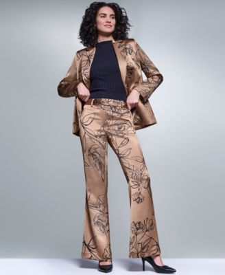 Women's Satin Floral One-Button Padded Shoulder Blazer and Floral Satin Mid-Rise Full Length Pants