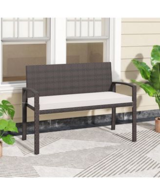 Wicker 2-Seat Bench with Soft Seat Cushion and Metal Frame