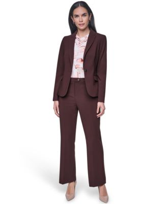 Petite Notch Collar One-Button Jacket, Printed Cowl Neck Sleeveless Blouse & Mid-Rise Straight Pants
