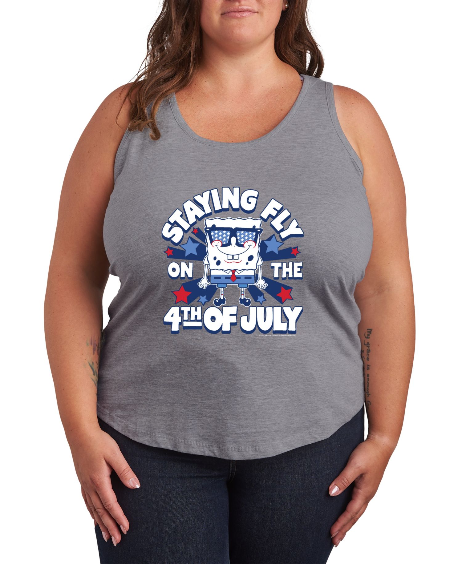Plus Size SpongeBob Square Pants Fly on 4th of July Racerback Graphic Tank Top