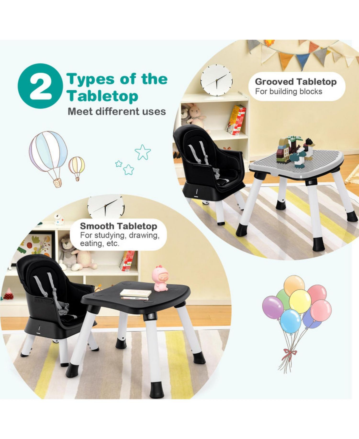 Baby Convertible 8-in-1 Baby Feeding Chair with Dual-Side Tabletop and Booster Seat
