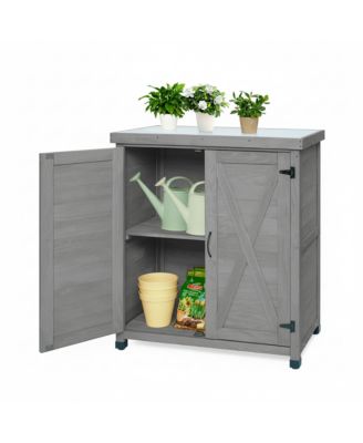 Potting Bench with Storage Cabinet and Metal Table Top for Outdoor Patio,Outdoor Work Station Table