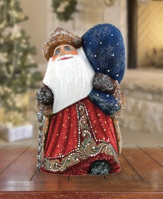 Woodcarved and Hand Painted Santa Yuletide Village Visitor with Bag Figurine
