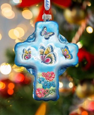 Blue Butterflies Cross Glass Ornament