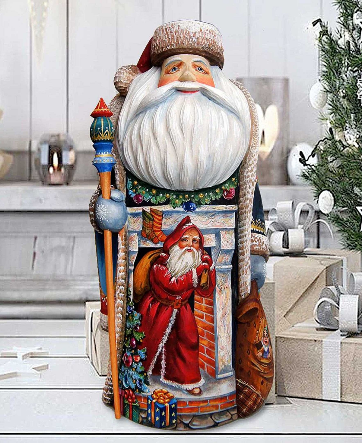 G.DeBrekht Woodcarved and Hand Painted Coming To Town Santa Claus Figurine