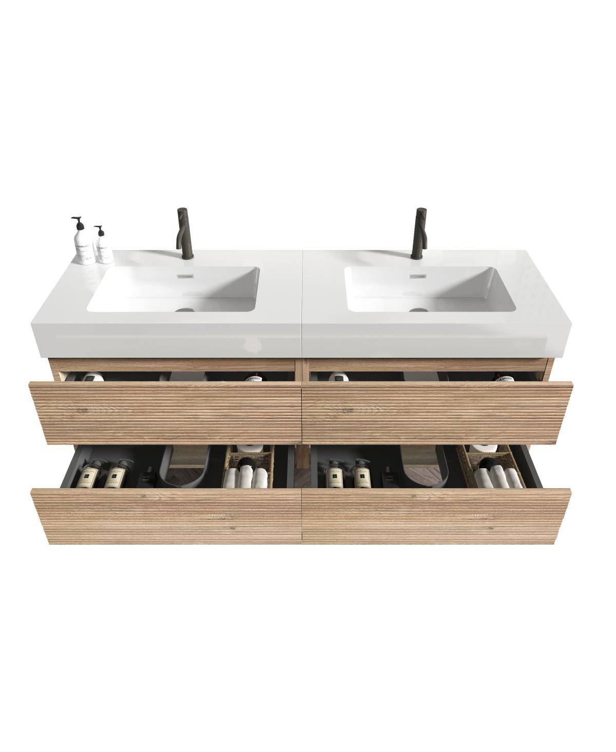 Sillysis Mid-Century Modern Bathroom Vanity with Oak Grille Double Drawers