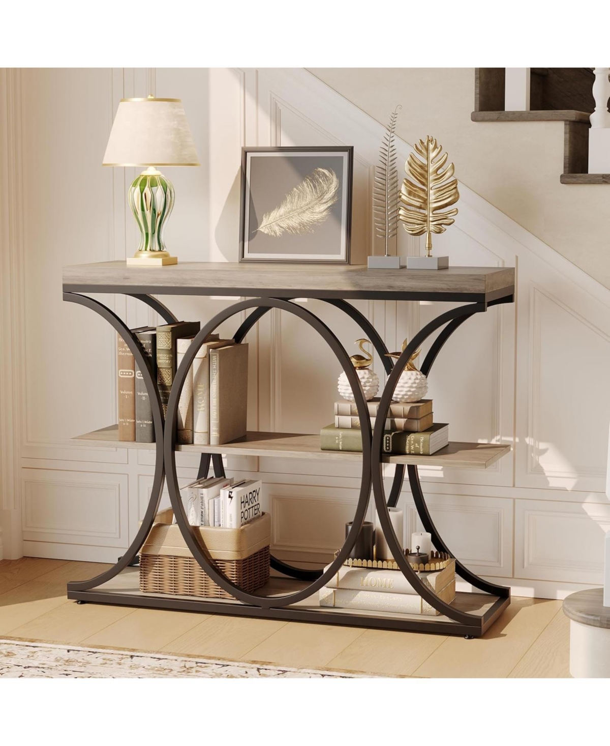 gaomon Narrow Entryway Table Tier Console Sofa Table with Open Storage Shelf, Oval Metal Frame, Home Accent Tables for Living Room