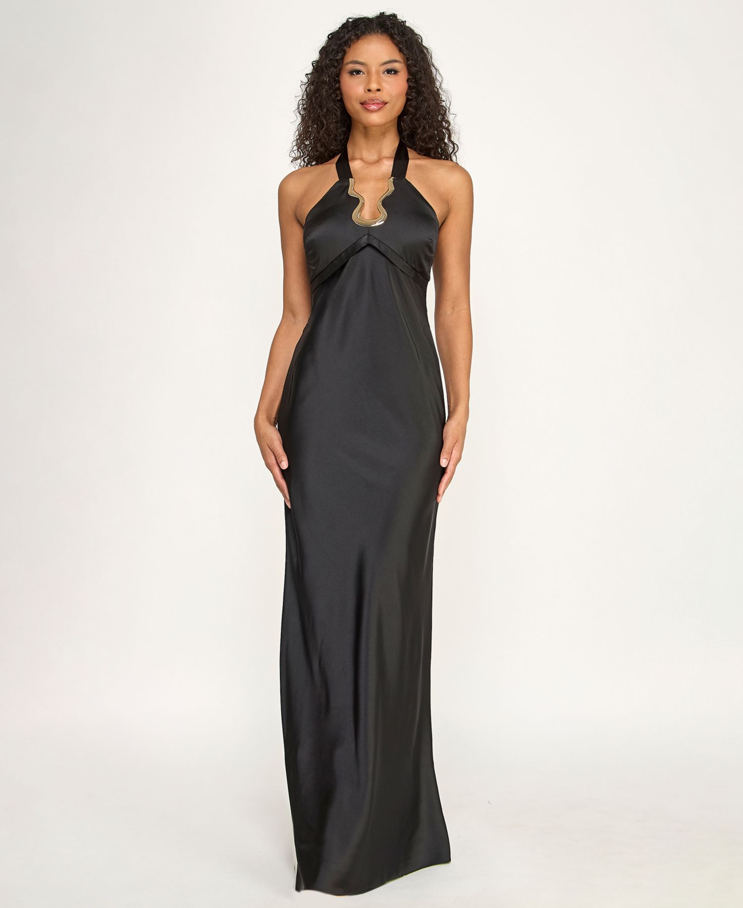 Juniors' Halter Neck Hardware Trim Satin Long Gown