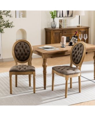 French Style Solid Wood Frame Dining Chair with PU Leather Upholstery and Nailhead Trim Set of 2