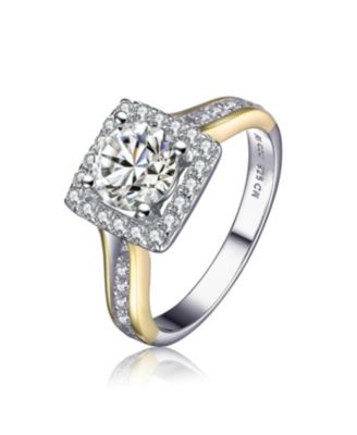 Unique Two-Toned Gold Plated Square Halo CZ Pave Band Ring