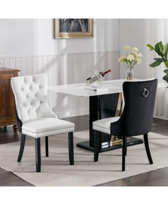 Dining Chairs Set of 2, Modern PU and Velvet Upholstered Kitchen Chairs with Wood Legs, Nailhead Trim and Button Design for Dining Room