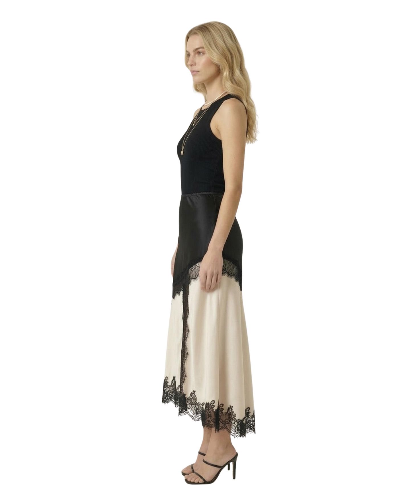 Женская юбка Modenaire Lace-Trim Asymmetric Satin Midi, цвет: Бежевый — фото 3
