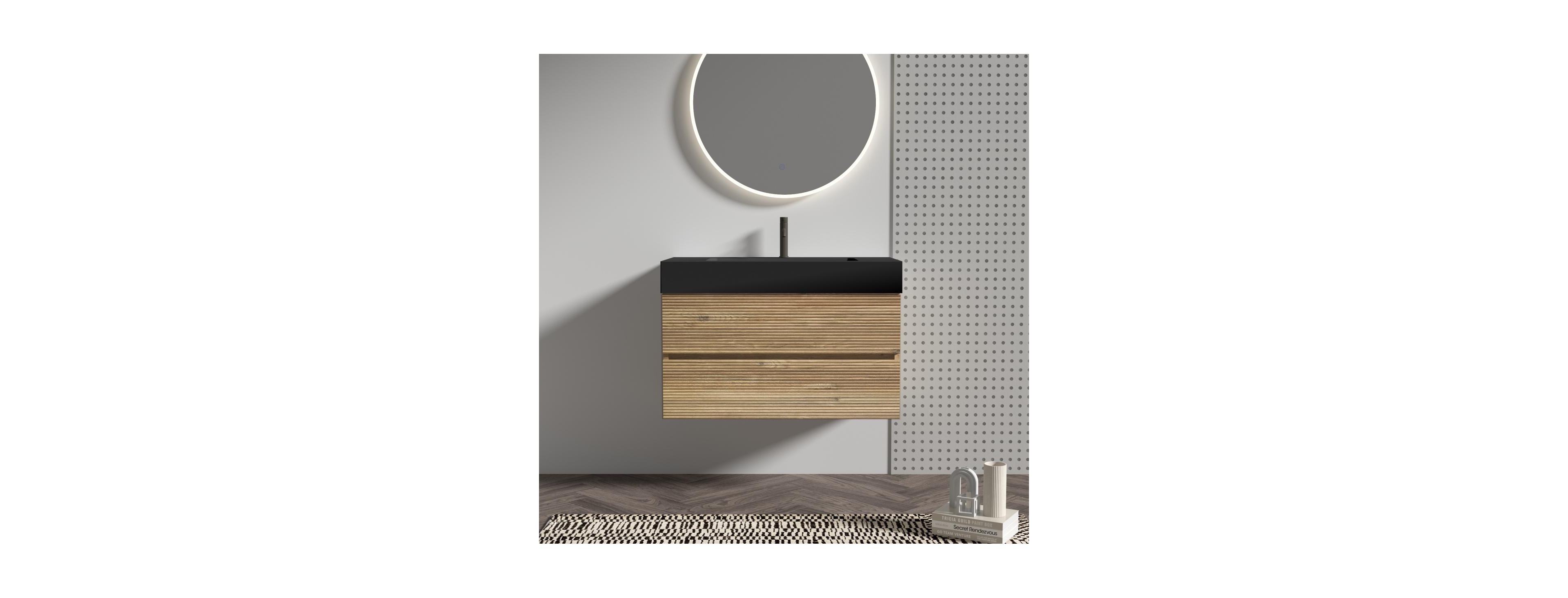 Sillysis Mid-Century Modern Bathroom Vanity with Double Drawers, Quartz Basin