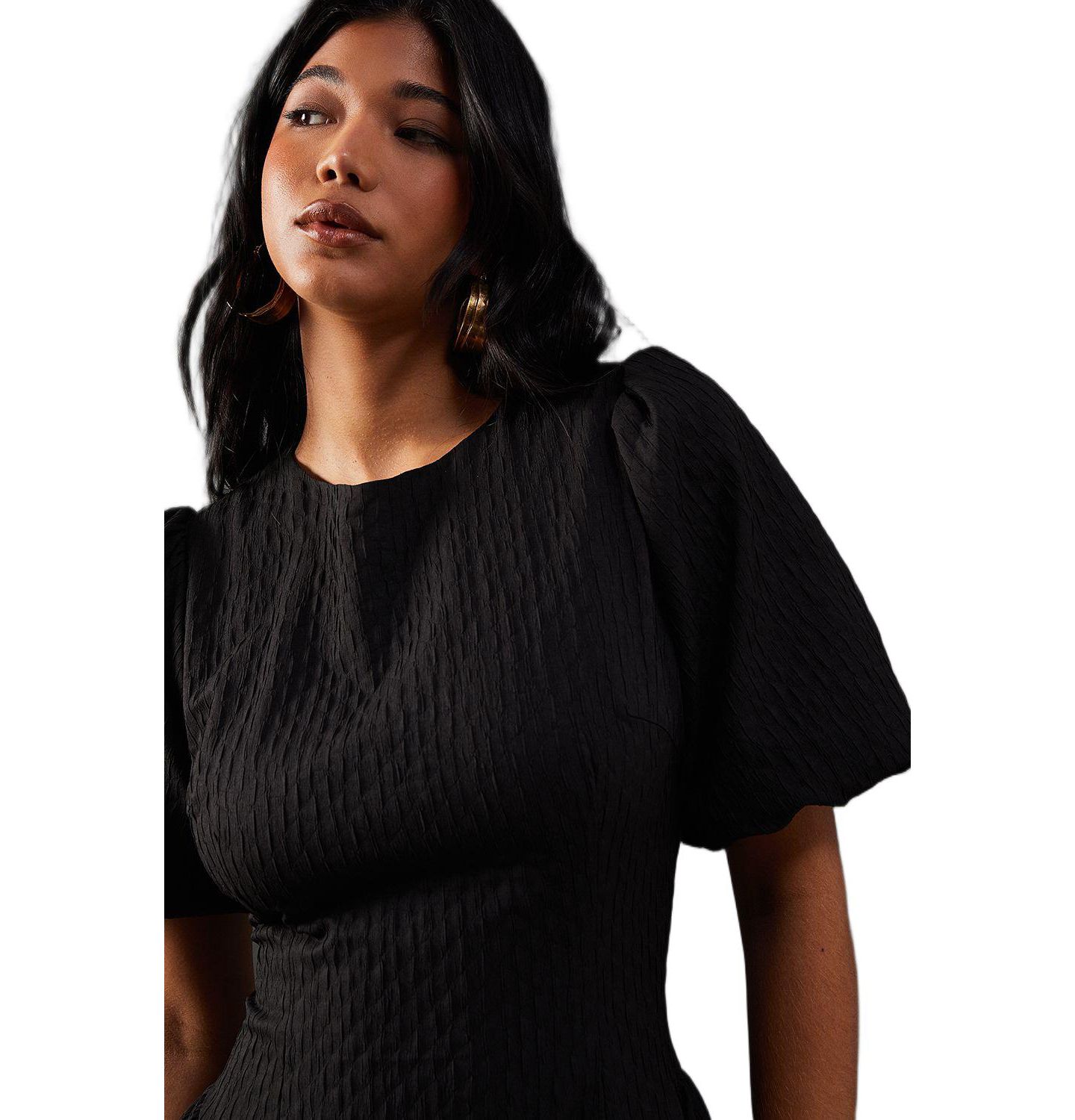 Женское платье Warehouse Seersucker Puff Sleeve Midi, цвет: Чёрный — фото 2