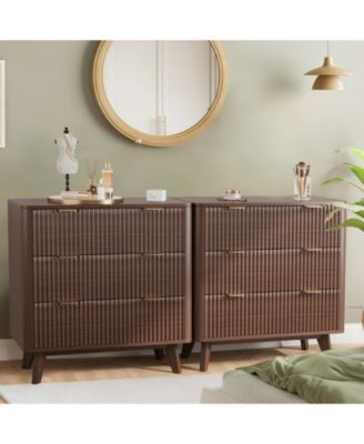 Home 3-Drawer Fluted Wood Nightstand, Faux Marble Top Bedside Storage Table, 2-Pack
