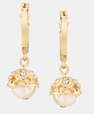 Pav&eacute; & Imitation Pearl Charm Hoop Earrings 