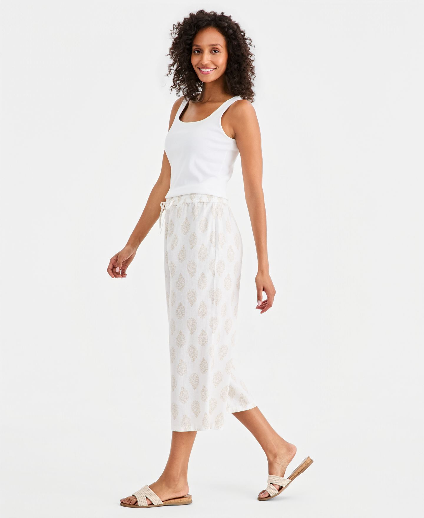 Женские брюки Style & Co Printed Linen Wide-Leg Capri, цвет: Яркий белый — фото 2