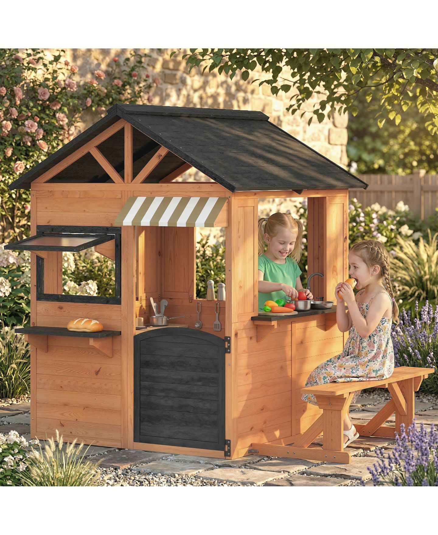 Детская игрушка Qaba Outdoor Wooden Playhouse with Play Kitchen, Ages 3+, цвет: Коричневый — фото 2