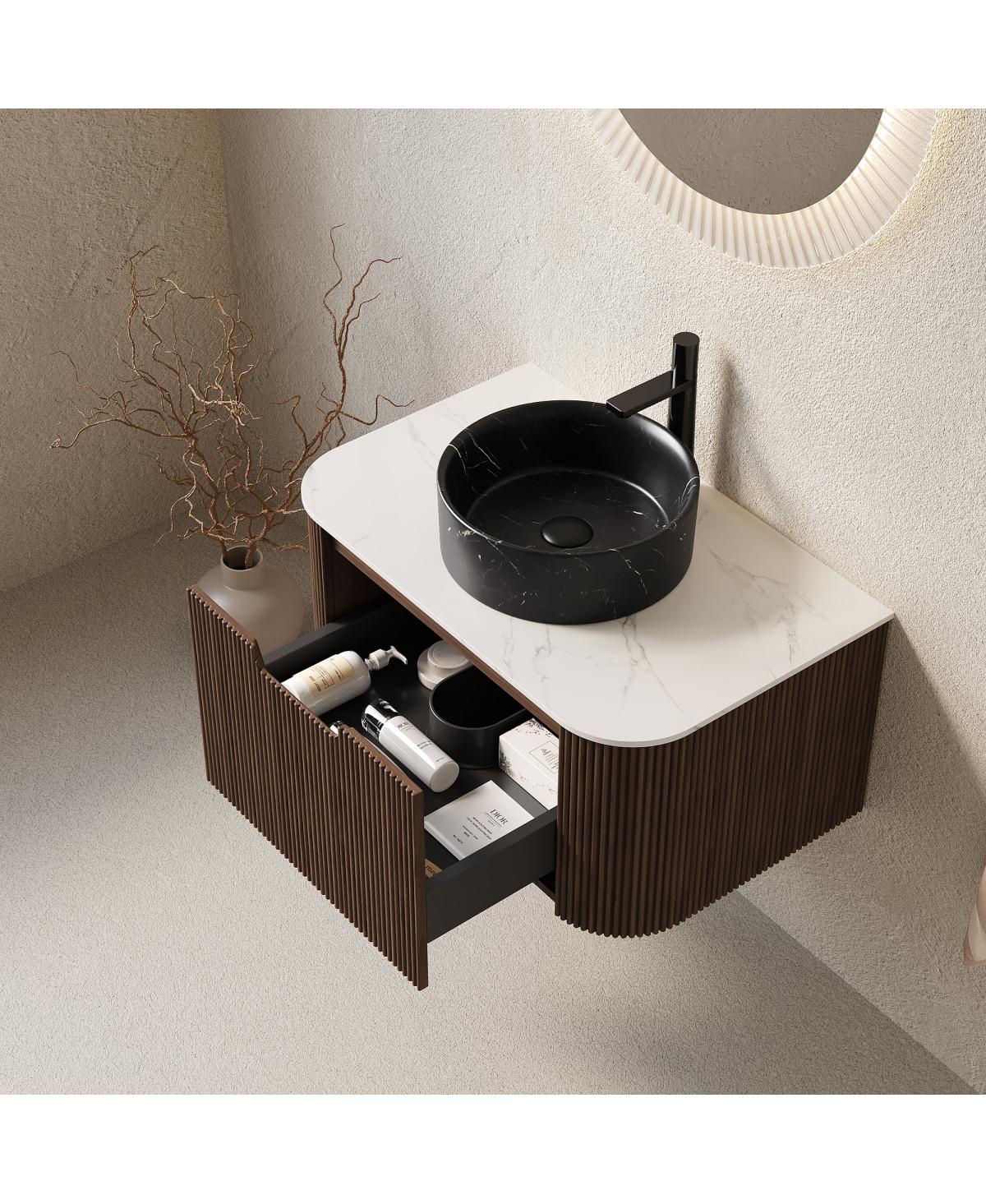 Sillysis Wall Mounted Bathroom Vanity, Ceramic Vessel Sink, Carrara Sintered Stone Top, Soft Close Drawer