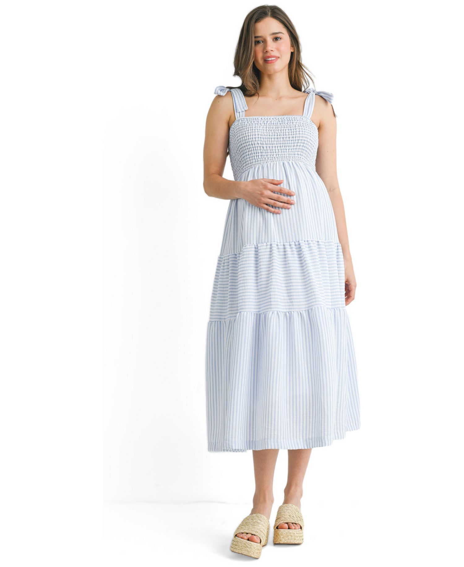 Women's Striped Smocked Empire Waist Sundress with Tie Straps