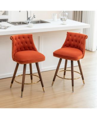 Bar Stools Set of 2, Counter Height Chairs with Nailhead Trim, Button-Tufted, Bentwood Legs and Pull Ring for Kitchen Island, Home Pub