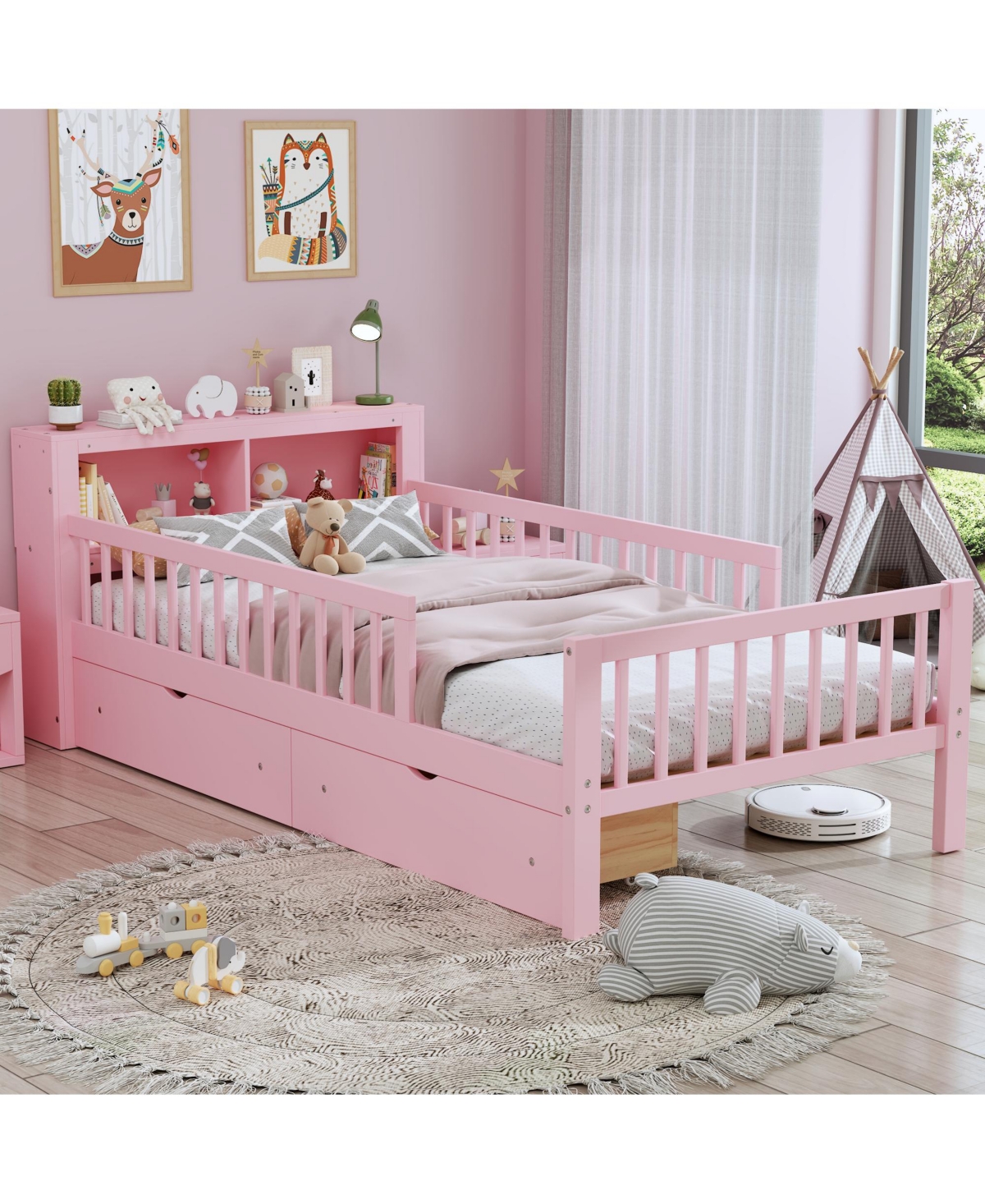 Rainsken Kids Twin Bed Frame, Wooden Platform with Headboard Storage Rack, 2 Under-Bed Drawers and 3-Side Guardrails for Bedroom