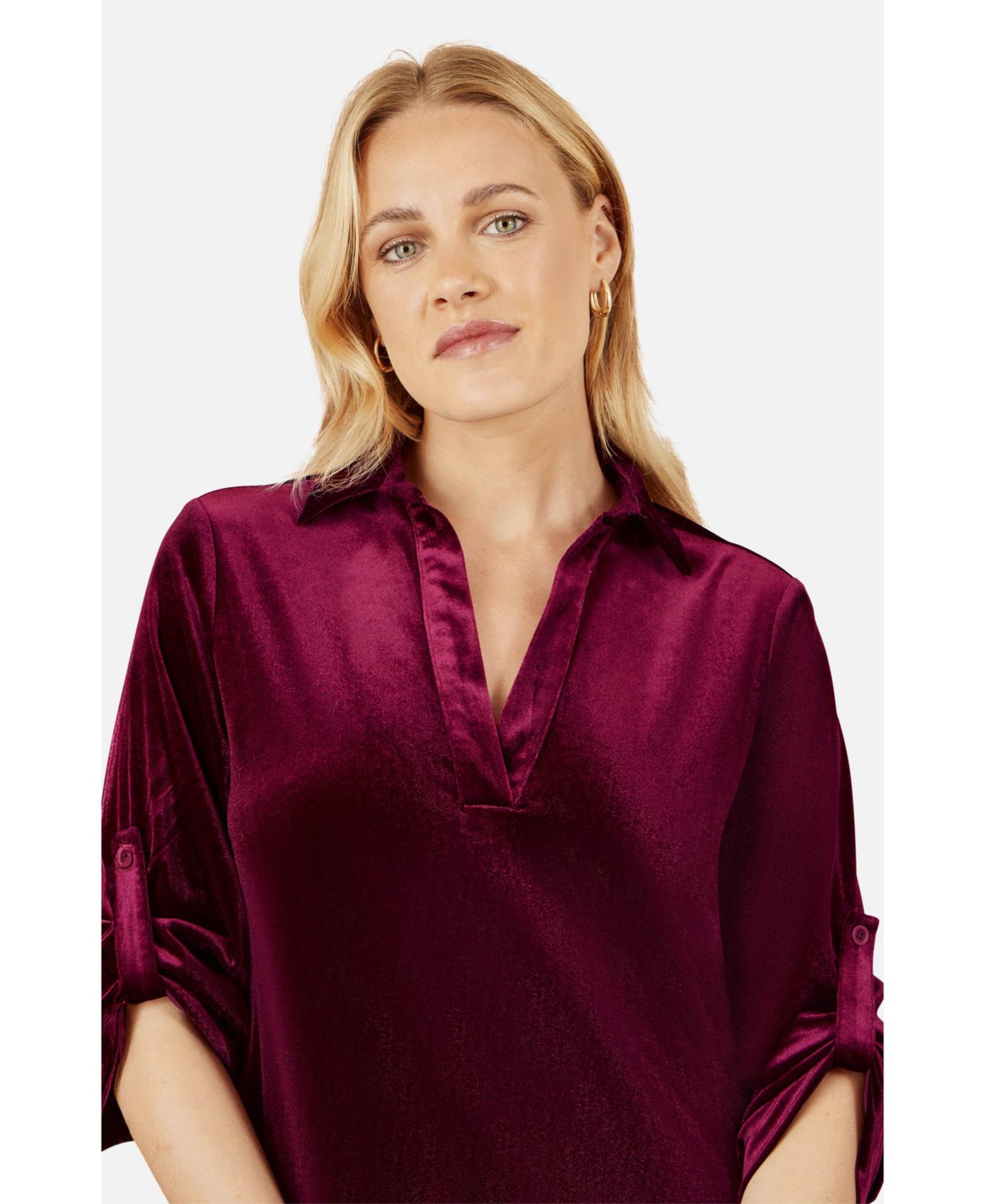 Women's Velvet Sleeve Collared Tunic Dress