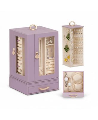 Large Jewelry Organizer Box with Drawer Compartments Hooks Slots 360 Rotating PU Leather Lining Transparent Window