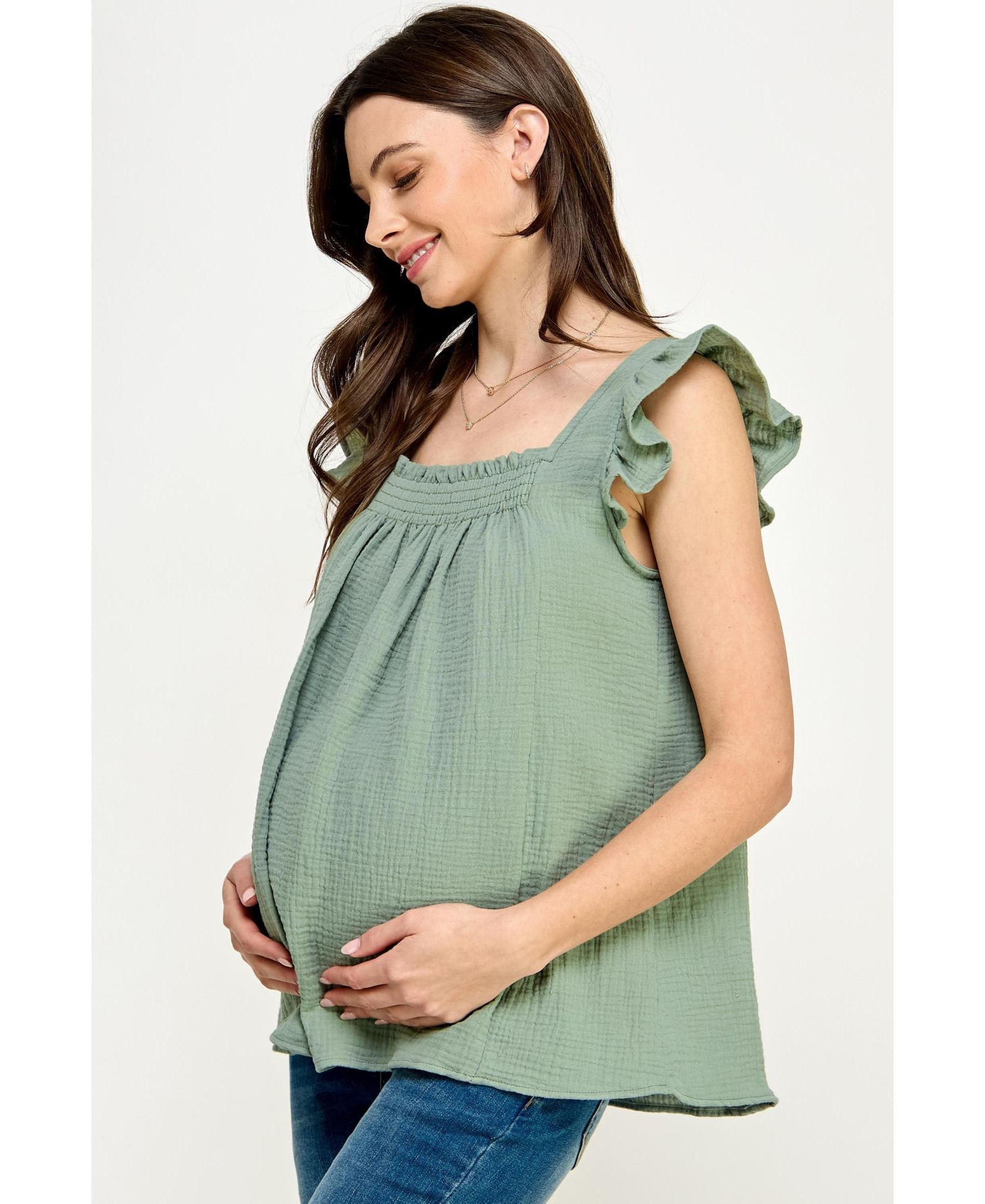 Women's Maternity Cotton Smocked Flutter Sleeve Blouse