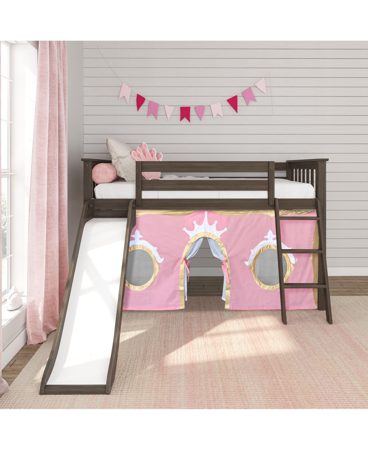 Max & Lily Low Loft With Easy Slide and Light Pink Gold Princess Curtain