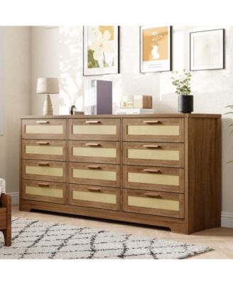 Bedroom 12-Drawer Dresser, Rattan Wood Chest with Wide Storage Drawers and Tabletop.