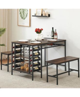 3-Piece Dining Set: Table, 2 Benches, Wine Rack and Storage Shelf