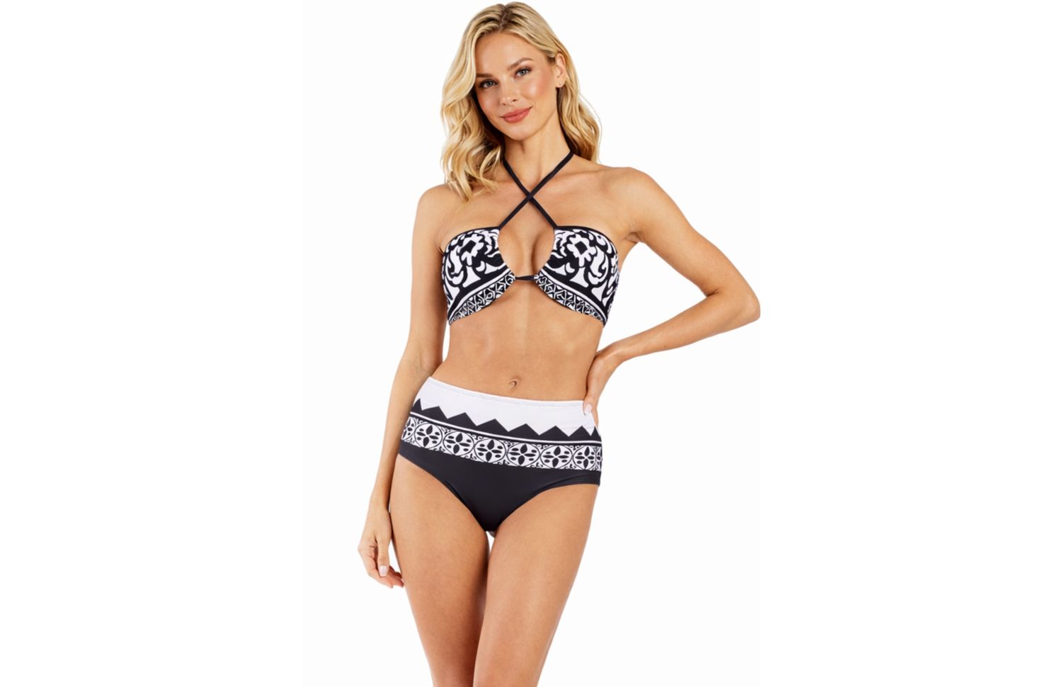 Women's Club Moda Black and White Bikini Set with Maxi Cover-Up Dress - Beach to Bar Resort Swimwear Outfit