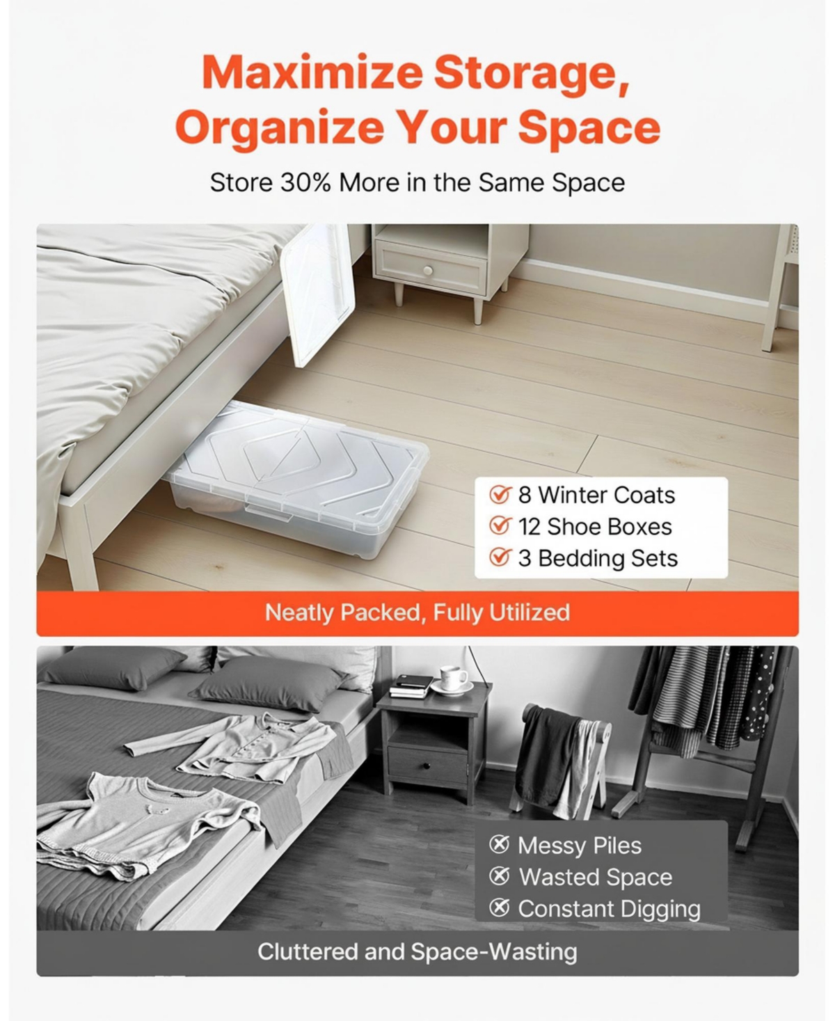 Gouun Under-Bed Rolling Storage Bins with Locking Wheels and Lid, 31.7 x 15.6 x 6.9 in, 4 Pack