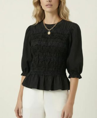 Women's Smocked Peplum Puff-Sleeve Blouse